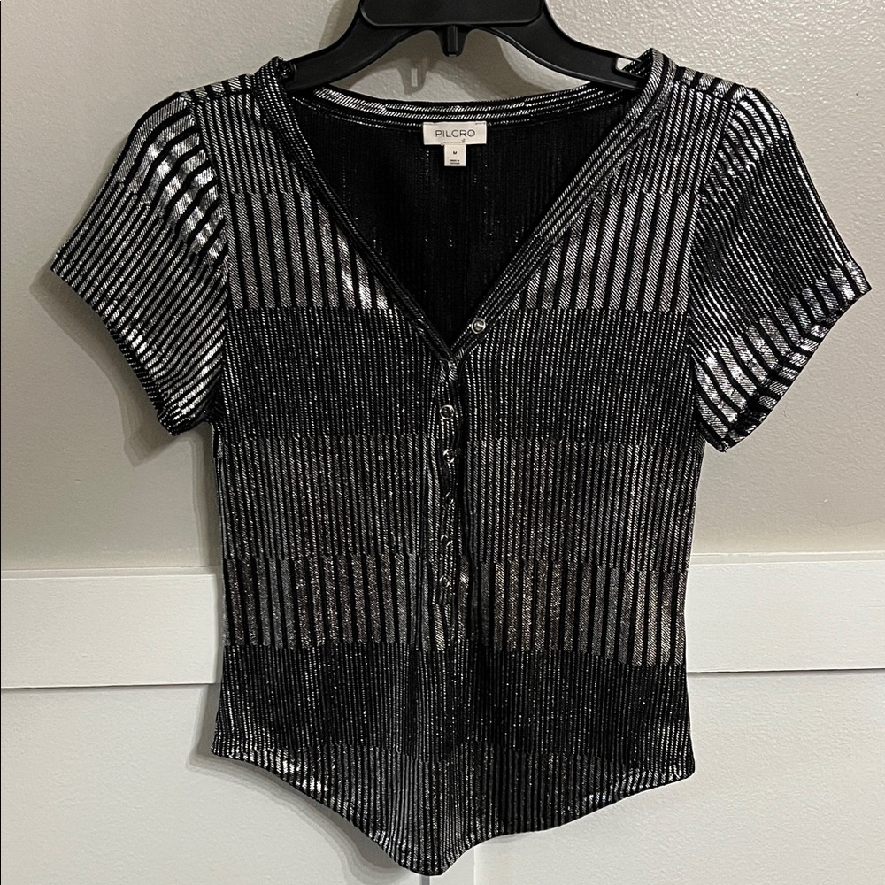 Pilcro The Andie Scoop-Neck Ribbed Henley Shine Edition Sz Med Anthropologie